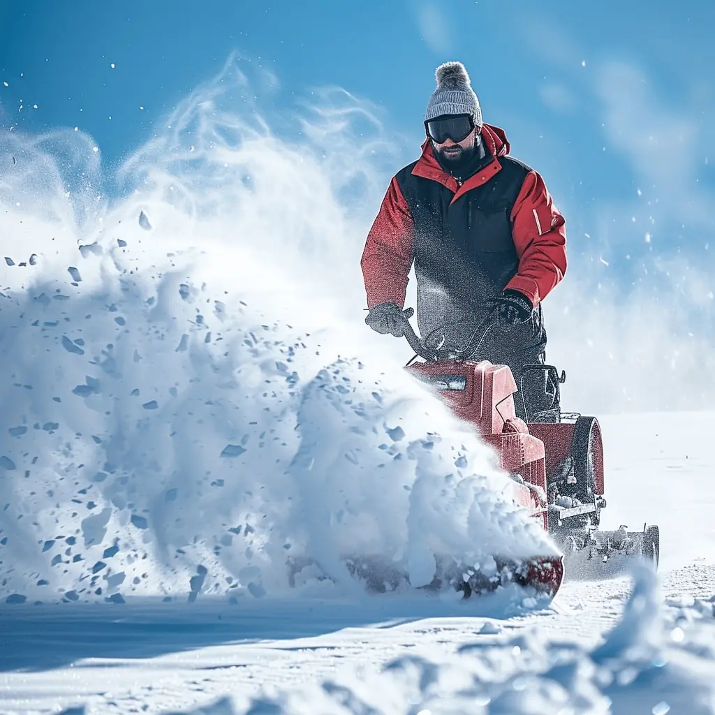 A person in a red jacket and beanie is operating a snow blower to clear a path in a snow-covered area